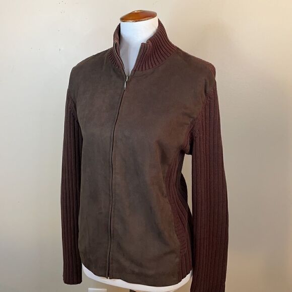 Jones New York Sport Brown Suede Mixed Media Full Zip Jacket (Size: Large) - Picture 2 of 12
